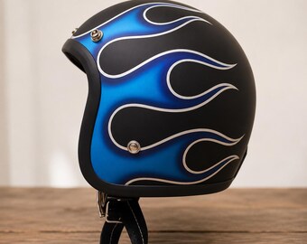 Slimhead 500TX Motorcycle Helmet | Matte Black Blue Flame Retro Bobber Cafe Racer