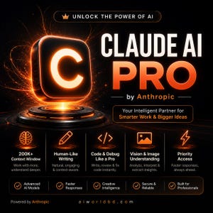 Op de afbeelding: Een zwart-oranje afbeelding die Claude AI Pro van Anthropic promoot. Het bevat een gloeiend letter C-icoon, de tekst Unlock the Power of AI, en somt functies op zoals 200K+ Context Window, Human-Like Writing, Code & Debug, Vision en Priority Access.