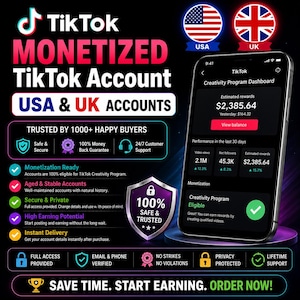 K&ouml;nnte beinhalten: Eine digitale Grafik zur Bewerbung monetarisierter TikTok-Konten f&uuml;r die USA und Gro&szlig;britannien. Das Bild zeigt ein Smartphone mit einem TikTok Creativity Program-Dashboard, das einen Verdienst von 2.385,64 $ sowie Kontodetails anzeigt.