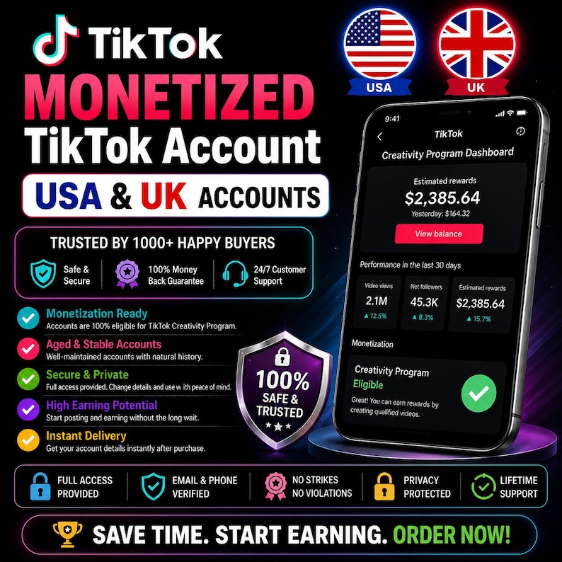 K&ouml;nnte beinhalten: Eine digitale Grafik zur Bewerbung monetarisierter TikTok-Konten f&uuml;r die USA und Gro&szlig;britannien. Das Bild zeigt ein Smartphone mit einem TikTok Creativity Program-Dashboard, das einen Verdienst von 2.385,64 $ sowie Kontodetails anzeigt.
