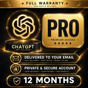 Può includere: Una grafica digitale con un tema oro e nero con il testo FULL WARRANTY, PRO PREMIUM ACCESS, CHATGPT PRO ACCESS, DELIVERED TO YOUR EMAIL, PRIVATE & SECURE ACCOUNT e 12 MONTHS. Il design include un logo luminoso e icone.