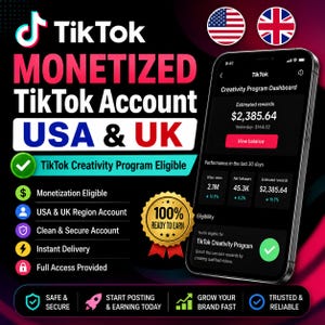 K&ouml;nnte beinhalten: Eine digitale Grafik, die ein monetarisiertes TikTok-Konto f&uuml;r die USA und Gro&szlig;britannien bewirbt. Sie zeigt ein Smartphone mit dem TikTok Creativity Program Dashboard, das gesch&auml;tzte Einnahmen von 2.385,64 $ und Kontodetails anzeigt.