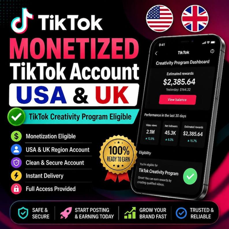 K&ouml;nnte beinhalten: Eine digitale Grafik, die ein monetarisiertes TikTok-Konto f&uuml;r die USA und Gro&szlig;britannien bewirbt. Sie zeigt ein Smartphone mit dem TikTok Creativity Program Dashboard, das gesch&auml;tzte Einnahmen von 2.385,64 $ und Kontodetails anzeigt.