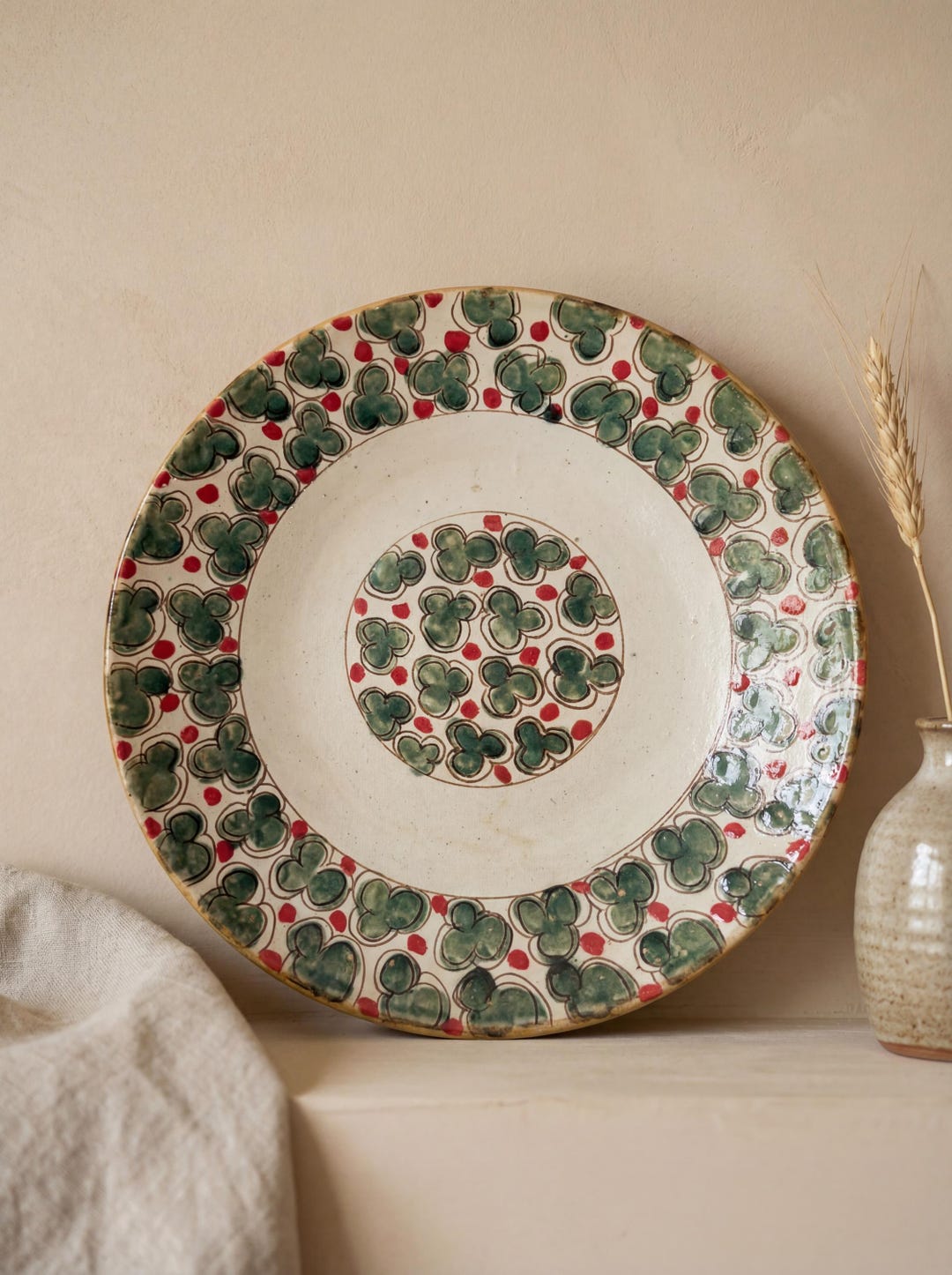 Handmade Fayoum Ceramic Plate – Green Floral Pattern – 37 Cm - Etsy