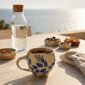 Puede incluir: Una taza de cerámica con base color crema y un patrón pintado a mano de hojas azules y tallos verdes. La taza está llena de un líquido oscuro y se encuentra junto a una botella de vidrio transparente con tapón de corcho y cuencos con aperitivos.