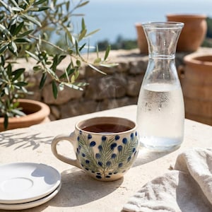 May include: A ceramic mug with a cream-coloured base featuring a hand-painted blue and green botanical pattern of pine needles and berries. The mug is filled with a dark liquid and sits next to a clear glass carafe filled with water.