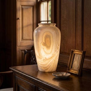 May include: A cylindrical table lamp crafted from translucent, cream-colored stone with natural swirling patterns. The lamp emits a soft, warm glow from within, highlighting the organic veining of the material. It features a smooth, rounded rim and a solid base, providing a steady, illuminated presence on a flat surface.