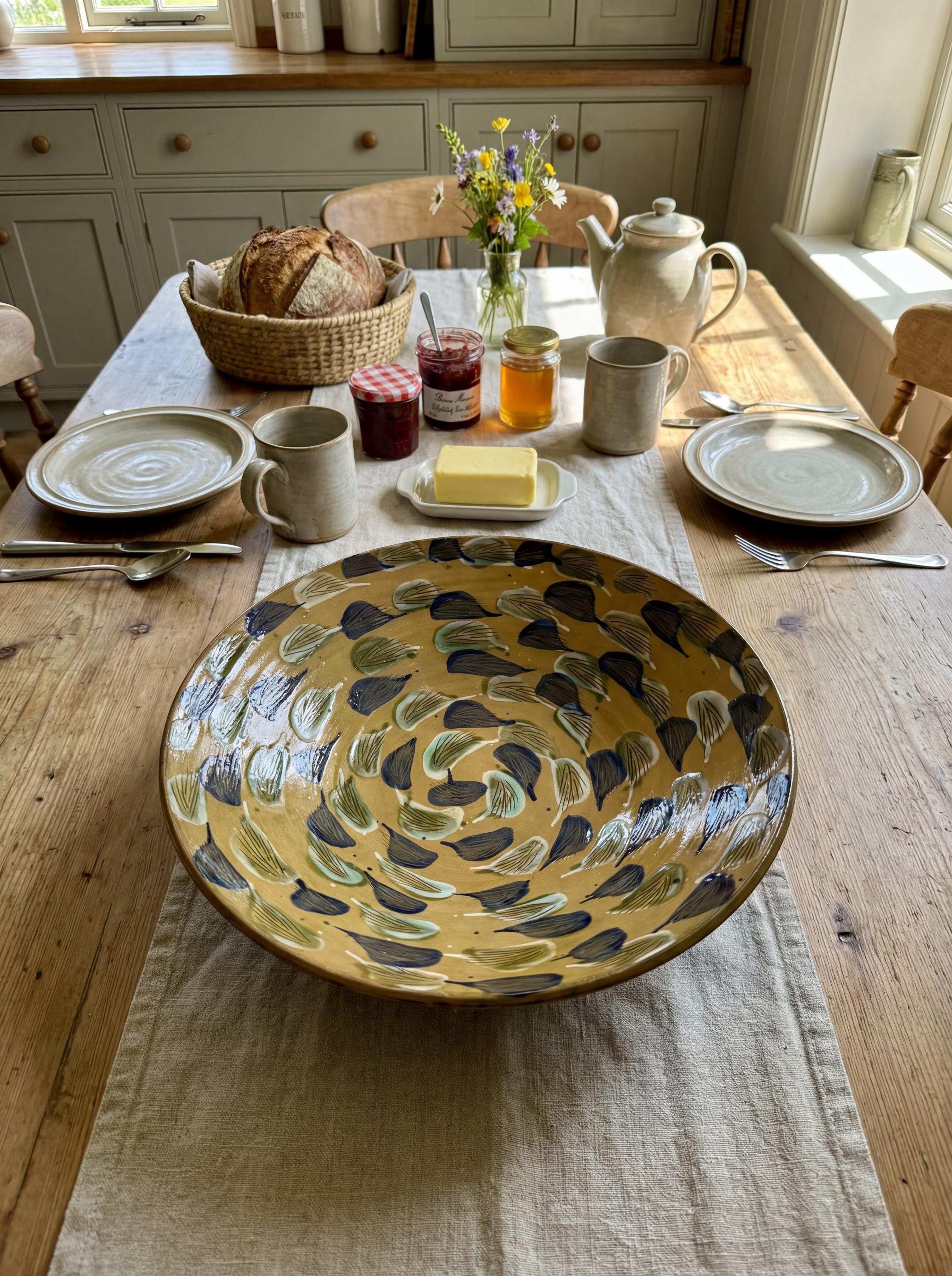 Hand-painted Fayoum Pottery Large Serving Bowl – 37cm – Earth-tone Leaf ...