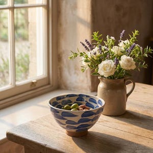 May include: A ceramic bowl with a blue painted petal pattern containing green olives and almonds, placed next to a beige ceramic pitcher filled with white roses and purple lavender sprigs on a wooden surface.