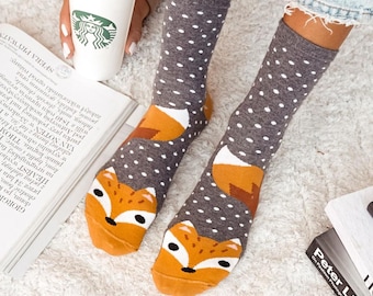 Calcetines de mujer Fox Happy Foxes, calcetines, calcetines divertidos, calcetines locos, calcetines coloridos, idea de regalo, regalo perfecto, desiguales