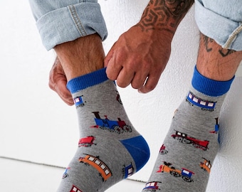 Calcetines de hombre con vagones de tren y locomotora, calcetines divertidos, calcetines locos, calcetines coloridos, idea de regalo, regalo perfecto, desiguales