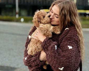 Heart Print Plush Cardigan in Chocolate Brown - Soft & Stylish