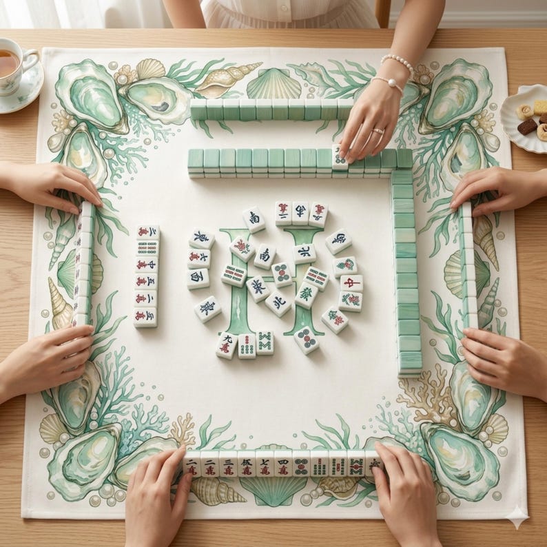 May include: A Mahjong game in progress, featuring green and white tiles on a white tablecloth. The tablecloth is decorated with an aquatic design of oysters, shells, and seaweed. Several hands are visible, arranging the tiles.