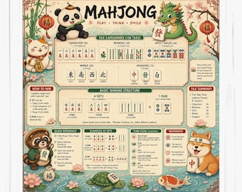 Cartoon Animal Mahjong Playmat, Chinese Japanese Style Game Mat, Gift for Family Nights, (rolled up)