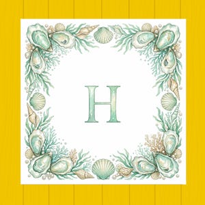 May include: Square watercolor print featuring a border of seashells, oysters, and seaweed in shades of green, beige, and white. The letter "H" is centered in a matching green hue. The artwork is set against a yellow wood grain background.
