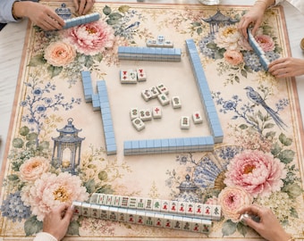 Chinoiserie Floral Mahjong Mat, Watercolor Peonies Game Table Runner, Personalized Gift (Rolls)