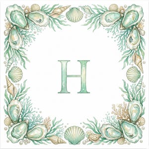 May include: Watercolor illustration featuring a square border of seashells, oysters, and seaweed in shades of green, beige, and white. The letter "H" is centered in the middle. The design evokes a coastal or nautical theme.