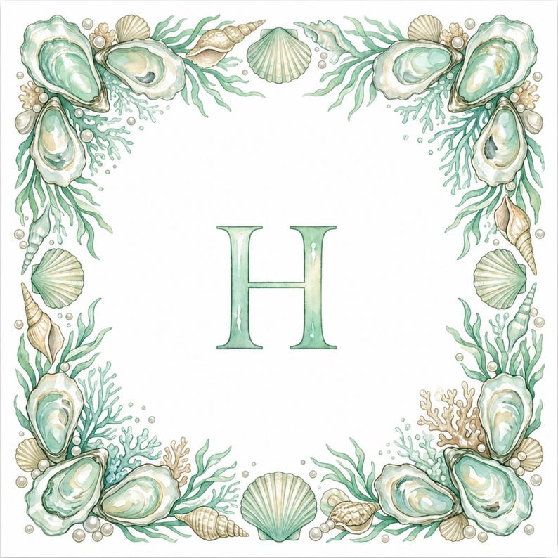 May include: Watercolor illustration featuring a square border of seashells, oysters, and seaweed in shades of green, beige, and white. The letter "H" is centered in the middle. The design evokes a coastal or nautical theme.