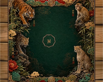 Luxury Mahjong Mat, Chinese Wild Animals, Emerald Green Game Table Runner, will be sent in rolls