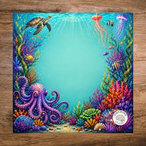 May include: A square digital art print featuring a vibrant underwater scene with a purple octopus, a sea turtle, jellyfish, and colorful coral reefs. The center is a light blue open space, and a small circular logo reads Tiny Mind Studio.
