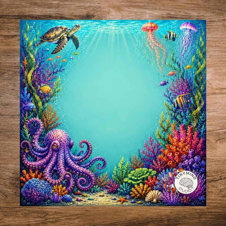 May include: A square digital art print featuring a vibrant underwater scene with a purple octopus, a sea turtle, jellyfish, and colorful coral reefs. The center is a light blue open space, and a small circular logo reads Tiny Mind Studio.