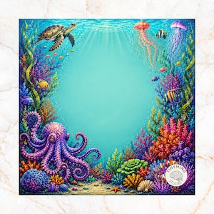 May include: A vibrant underwater scene featuring a large purple octopus in the foreground, a sea turtle, jellyfish, and various colorful coral reefs. The composition frames a central light blue water area with small fish and a Tiny Mind Studio logo.