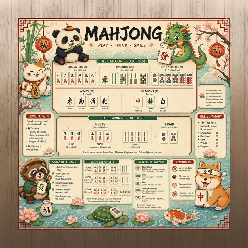 May include: A vibrant Mahjong game guide featuring cartoon characters and game instructions. The guide displays tile categories, winning structures, and quick reference information. The text includes the word "Mahjong" and Chinese characters.