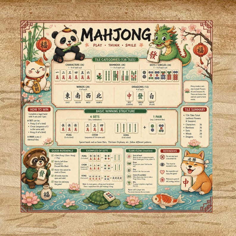 May include: A vibrant Mahjong game guide featuring cartoon characters and game instructions. The guide displays tile categories, winning structures, and examples of sets. The text includes the word "Mahjong" and Chinese characters.