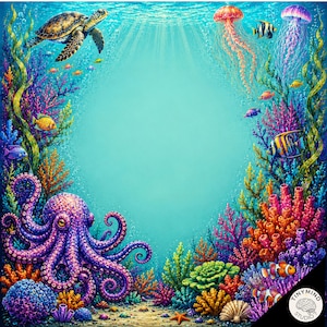 May include: A vibrant underwater scene featuring a large purple octopus, a sea turtle, jellyfish, and various colorful fish swimming among coral reefs. The composition creates a central open space, with the text TinyMind Studio in the corner.