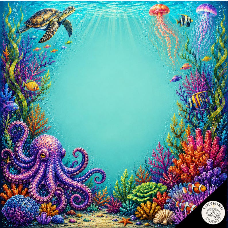 May include: A vibrant underwater scene featuring a large purple octopus, a sea turtle, jellyfish, and various colorful fish swimming among coral reefs. The composition creates a central open space, with the text TinyMind Studio in the corner.