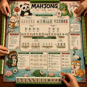 May include: A detailed Mahjong game set with illustrated tiles and a decorative game board. The board features animal characters, floral accents, and instructions. The game includes 136 tiles, with characters, bamboos, dots, winds, and dragons.