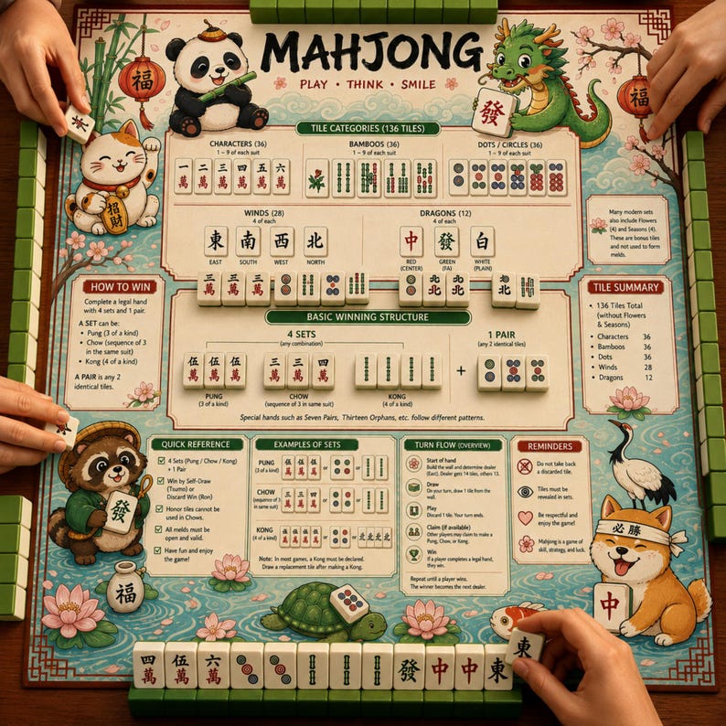 May include: A detailed Mahjong game set with illustrated tiles and a decorative game board. The board features animal characters, floral accents, and instructions. The game includes 136 tiles, with characters, bamboos, dots, winds, and dragons.