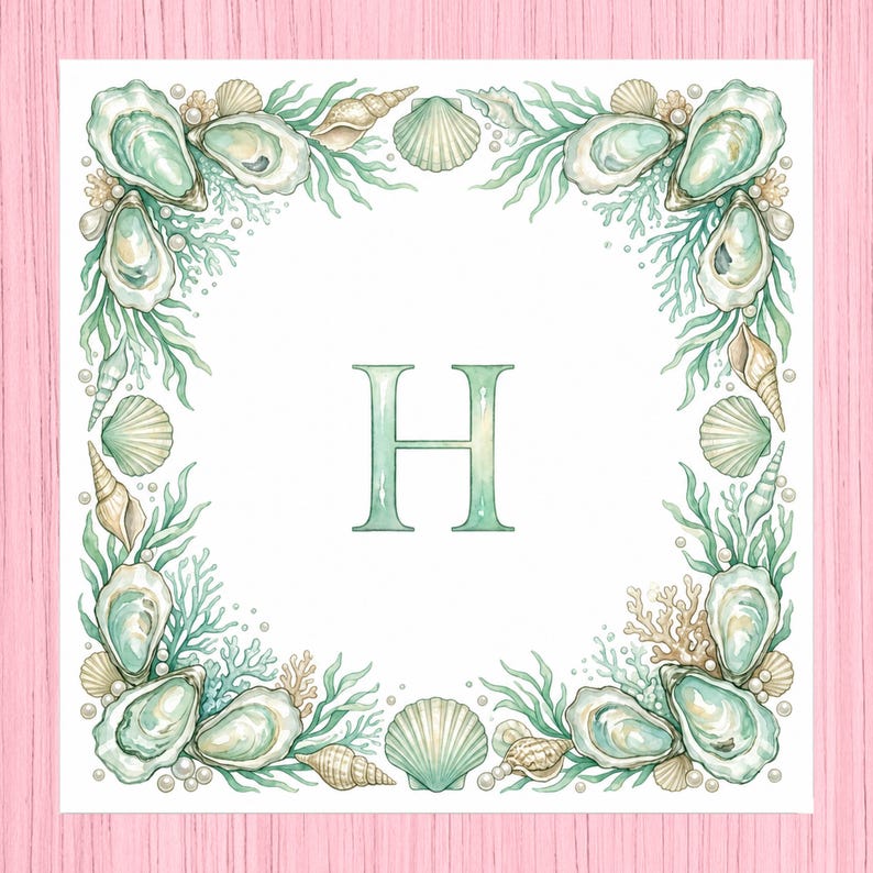 May include: Square watercolor print featuring a border of seashells, oysters, and seaweed in shades of green, beige, and white. The letter "H" is centered in a matching green hue. The background is white, with a pink wooden surface.