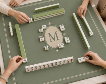 Personalized Sage Green Mahjong Mat, Classic Monogram Game Table Runner, (rolled up)