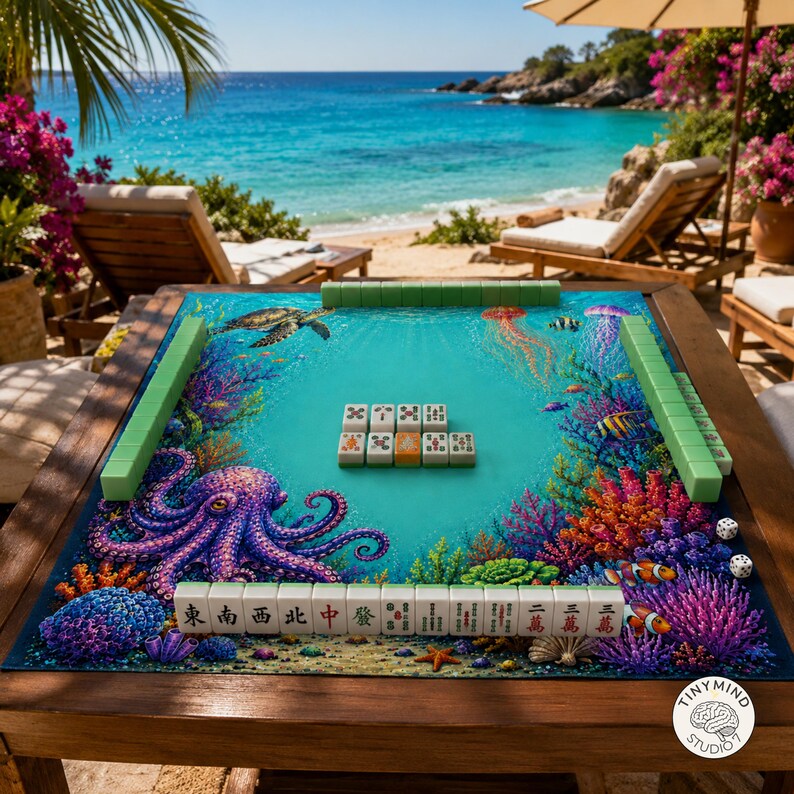 May include: A wooden table featuring a Mahjong set with a vibrant underwater-themed mat. The mat displays a purple octopus, coral reefs, a sea turtle, and jellyfish. The Mahjong tiles are arranged in rows and a central cluster, with some tiles showing Chinese characters and symbols.