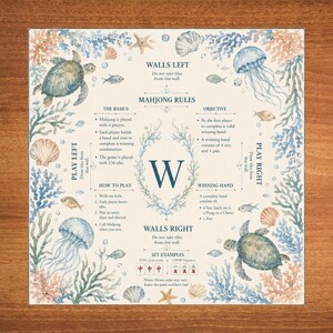 Op de afbeelding: Vierkant Mahjong-spelbord met een oceaanthema. Het bord bevat aquarel illustraties van zeeschildpadden, kwallen en koraal. De tekst bevat spelregels en instructies. Het centrale ontwerpelement is een grote letter "W".
