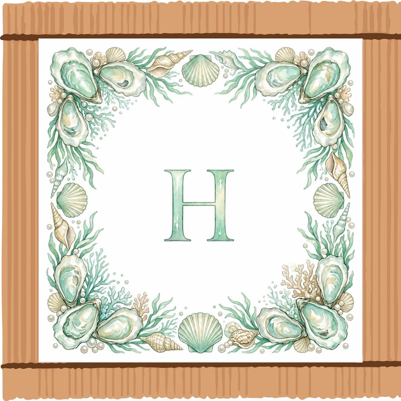 May include: Square watercolor design featuring a sea-themed border with oysters, seashells, and seaweed in shades of green, beige, and white. The letter "H" is in the center. The design is framed by a wooden border.