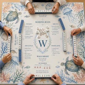 Op de afbeelding: Een Mahjong-spel in uitvoering, met een decoratieve mat met zeedierenillustraties. Spelers schikken tegels op rekken. De mat toont spelregels en doelen. Het spel is opgezet voor vier spelers.