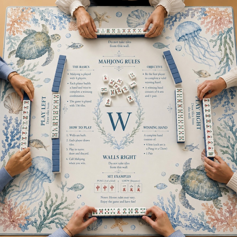 Op de afbeelding: Een Mahjong-spel in uitvoering, met een decoratieve mat met zeedierenillustraties. Spelers schikken tegels op rekken. De mat toont spelregels en doelen. Het spel is opgezet voor vier spelers.