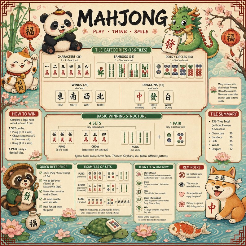 May include: A vibrant Mahjong game guide featuring cartoon characters and tile illustrations. The guide details tile categories, winning structures, and quick reference information. The text includes the word "Mahjong" and the phrase "Play, Think, Smile".