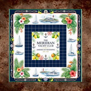 Puede incluir: Textil decorativo cuadrado con tem&aacute;tica n&aacute;utica. El dise&ntilde;o presenta veleros, yates, un faro y flores tropicales. El texto dice "The Meridian Yacht Club American Mahjong Est. 1928."