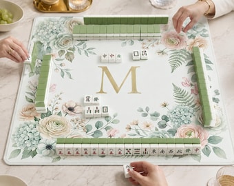 Personalized Floral Mahjong Mat, Watercolor Monogram Game Tile Board, (rolled up)