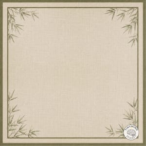 May include: A square beige fabric napkin featuring a dark olive green border and delicate bamboo leaf illustrations in each corner. The fabric has a visible woven texture. A small circular logo in the bottom right corner reads Tiny Mind Studio.
