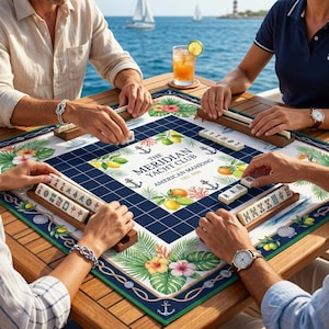 Puede incluir: Una partida de Mahjong en una mesa de madera. El tablero presenta un dise&ntilde;o de cuadr&iacute;cula azul marino con ilustraciones de flores y frutas tropicales. El texto "The Meridian Yacht Club American Mahjong" es visible. Velas en el fondo.