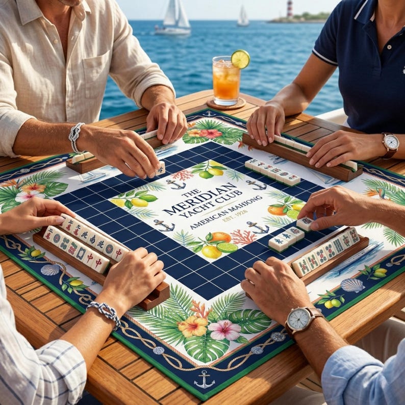 Puede incluir: Una partida de Mahjong en una mesa de madera. El tablero presenta un dise&ntilde;o de cuadr&iacute;cula azul marino con ilustraciones de flores y frutas tropicales. El texto "The Meridian Yacht Club American Mahjong" es visible. Velas en el fondo.