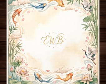 Personalized Mahjong Mat, Watercolor Koi Fish Crane Bamboo Game Cover, (rolled up)