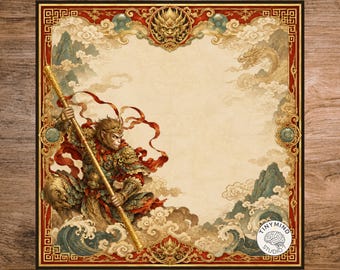 Monkey King Mahjong Mat, Sun Wukong Mythology Game Board, Emerald Gold Design (Rolls)