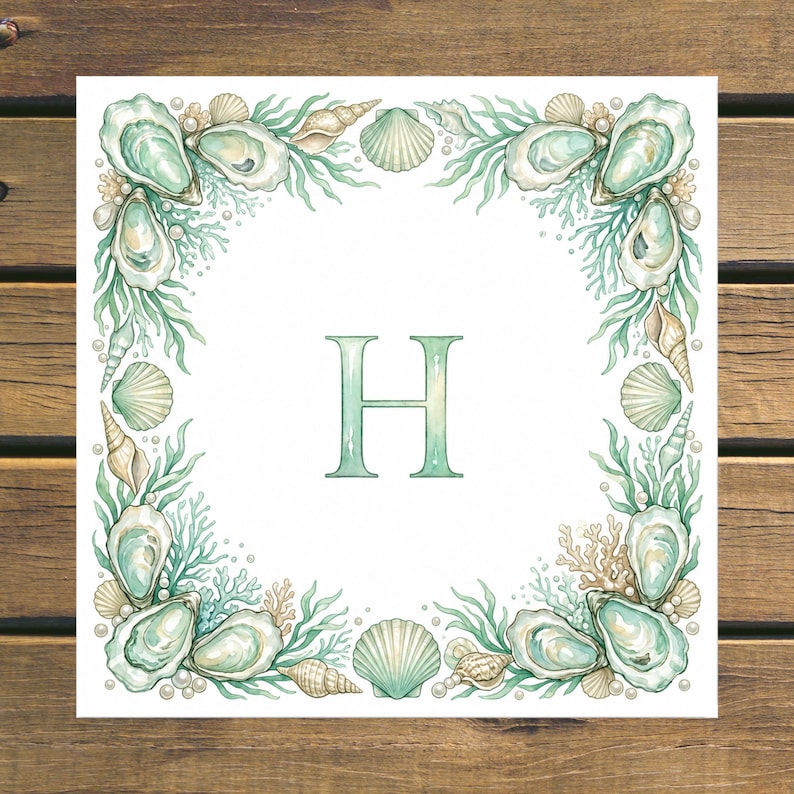 May include: Square watercolor print featuring a border of seashells, oysters, and seaweed in shades of green, beige, and white. The letter "H" is centered in a matching green hue. The artwork is set against a white background.