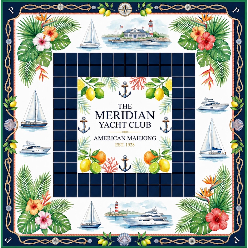 Puede incluir: Pa&ntilde;uelo cuadrado con tem&aacute;tica n&aacute;utica. El dise&ntilde;o presenta veleros, yates, flores tropicales, limones y el texto "The Meridian Yacht Club American Mahjong Est. 1928" en una combinaci&oacute;n de colores azul marino y blanco.