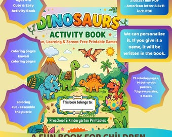 Activiteitenboek dinosaurus voor kinderen | Kleuren, puzzels, doolhoven (gepersonaliseerde pdf-download)